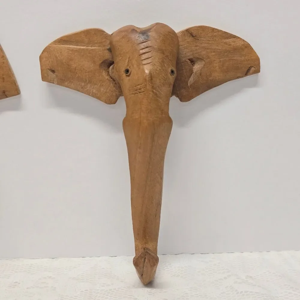 Vintage Hand Carved Elephant Wall Hooks Set Of 2 Indian Boho Decor Cottagecore